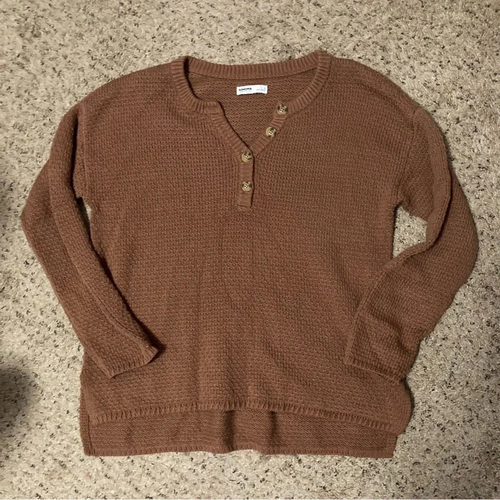NWOT Sonoma brown chunky knit button front crew neck sweater hi-lo oversized - Picture 1 of 6